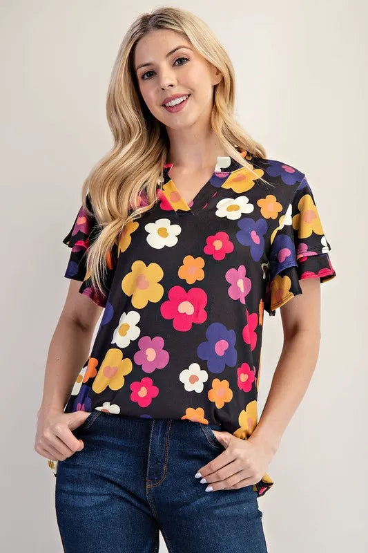 Bold Floral Ruffle Sleeve Top