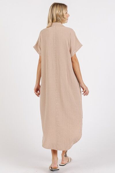 Mineral Wash V Neck Button Up Midi Shirt Dress