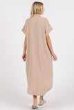 Mineral Wash V Neck Button Up Midi Shirt Dress