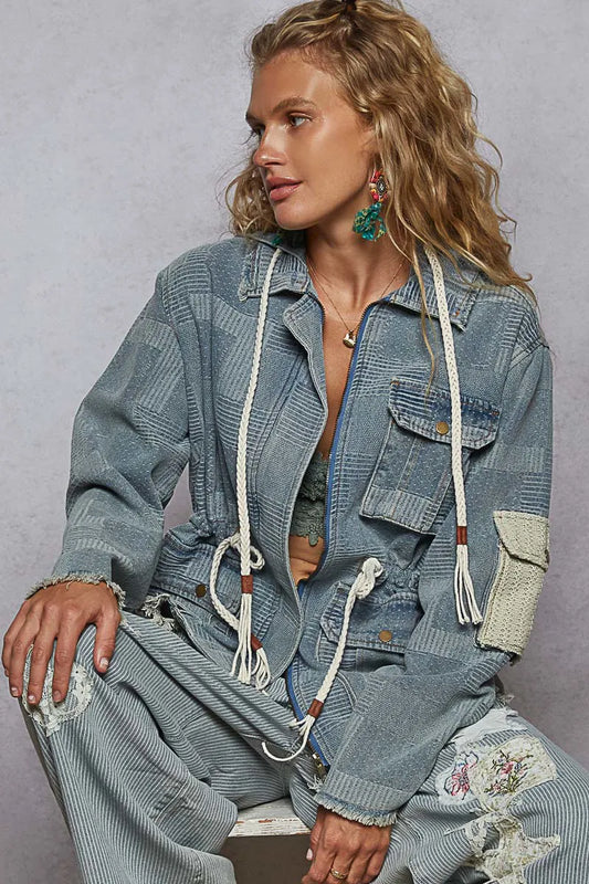 Patchwork Distressed Zip Up Hooded Denim Jacket