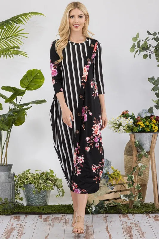 Full Size Stripe Floral Contrast Midi-Dress with Buttons Plus Size
