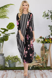 Full Size Stripe Floral Contrast Midi-Dress with Buttons Plus Size