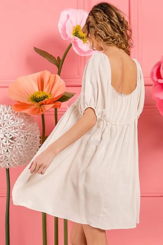 Washed Linen Tiered Midi Dress with Puff Sleeves