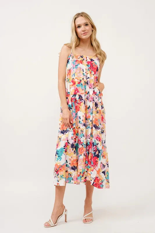 Tiered Floral Midi Cami Dress with Pockets