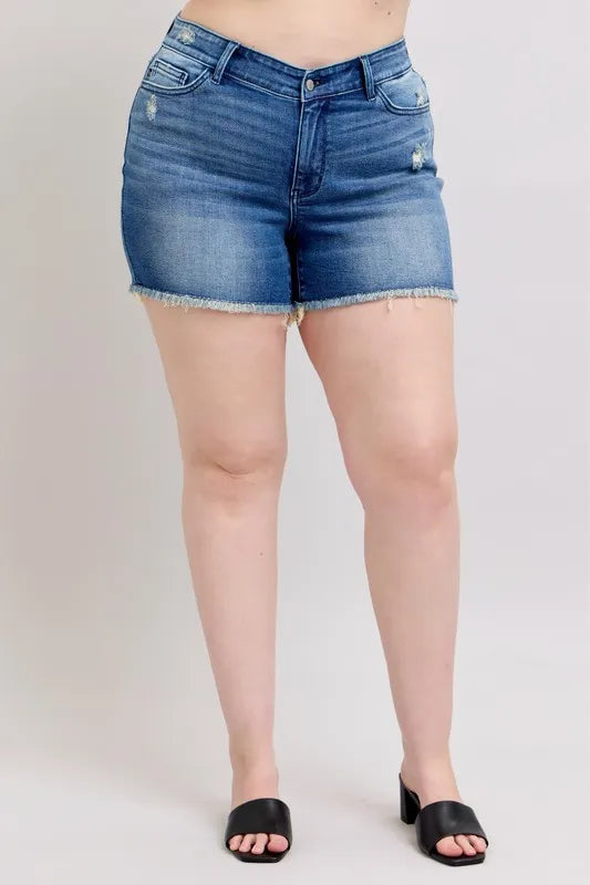 Full Size V-Front Denim Shorts with Shield Pockets Plus Size