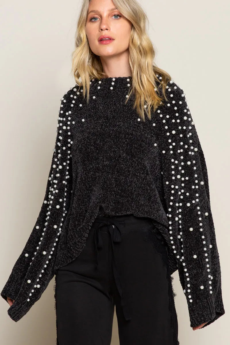 Pearl-Adorned Oversize Knit Sweater