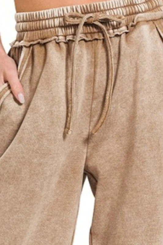 Acid Wash Fleece Palazzo Sweatpants with Pockets