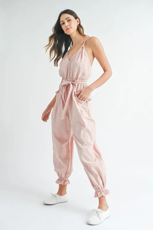 Washed Fabric Spaghetti Strap Waist Belted Jumpsuit