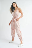 Washed Fabric Spaghetti Strap Waist Belted Jumpsuit