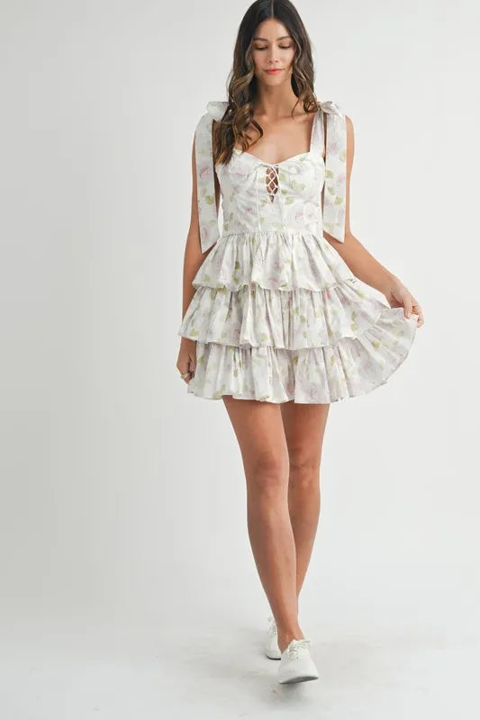 Floral Print Shoulder Tie Layered Mini Dress