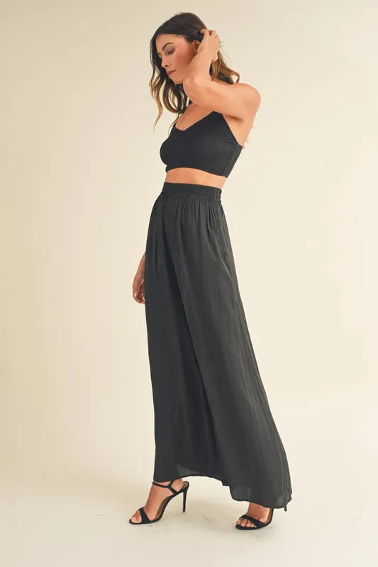 Smocked Bralette Crop Top and Wide Leg Pants Set