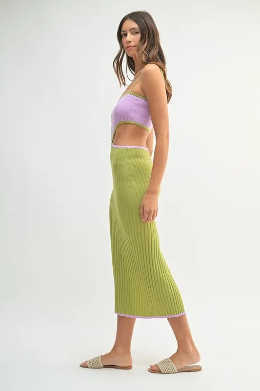 Ribbed Knit Color Block Cutout Midi Dress