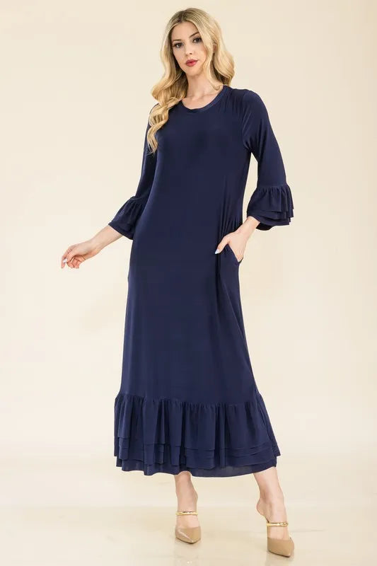 Full Size Modest Midi Dress with 3/4 Ruffle Bell Sleeves Plus Size
