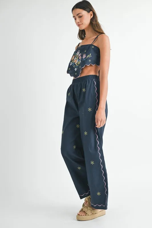 Linen Embroidered Scarf Top and Pants Set