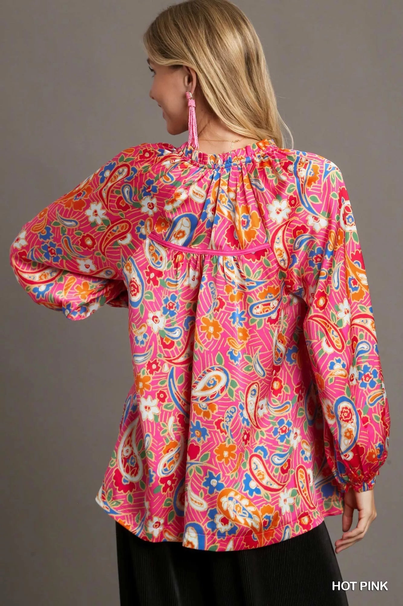 Full Size Satin Paisley Ruffle Neck Button-Down Blouse