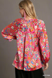 Full Size Satin Paisley Ruffle Neck Button-Down Blouse