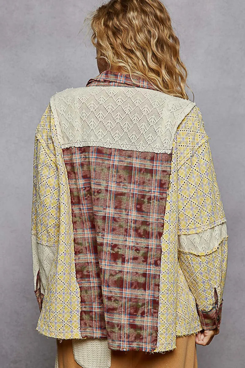 Patchwork Geometric Button-Up Long Sleeve Top