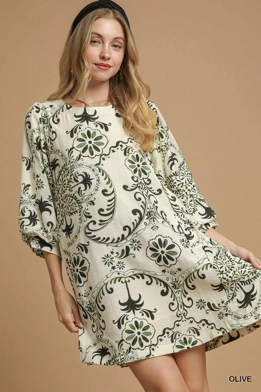 Vintage Paisley Balloon Sleeve Mini Dress