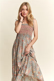 Smocked Printed Square Neck Tie Shoulder Cami Dress
