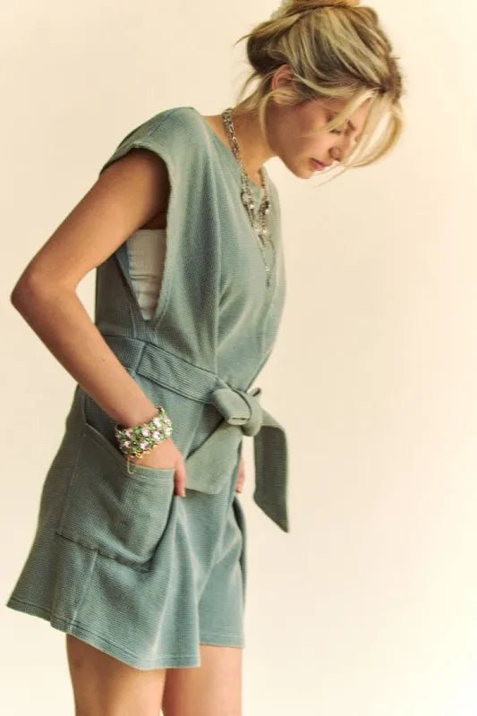 Acid-Washed Waffle Knit Cuffed Sleeves Romper