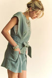 Acid-Washed Waffle Knit Cuffed Sleeves Romper