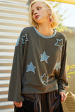 Star Patch Exposed Denim Seam Relaxed Fit Sweater