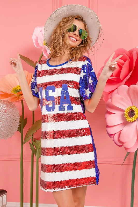 American Flag Theme Usa Print Sequin Dress