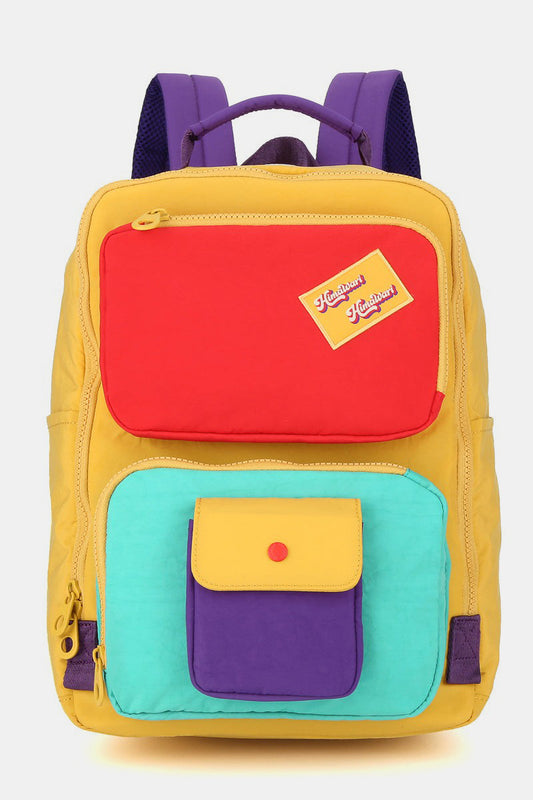 Contrast Nylon Backpack Bag with Handles - Mustard