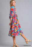Full Size Floral Midi Dress with Tie Neck and Pockets