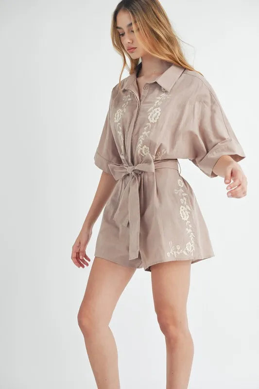 Embroidered Button Down Collared Neck Romper
