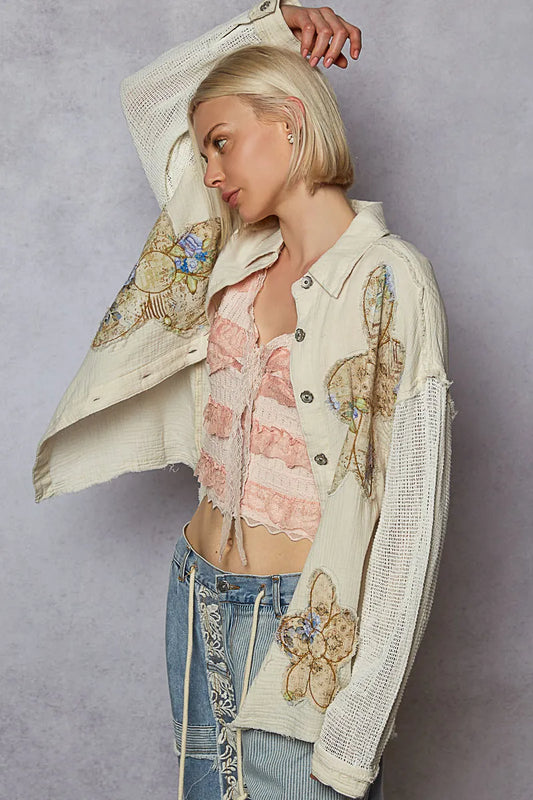 Crochet Sleeve Floral Patch Shirt with Exposed Seams