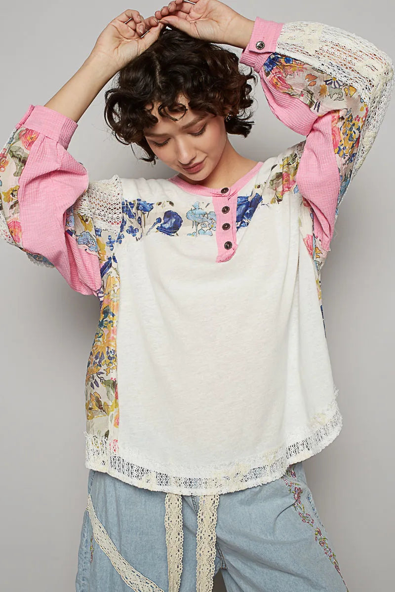 Floral Patchwork Crochet Sleeve Buttoned Lace Trim Blouse