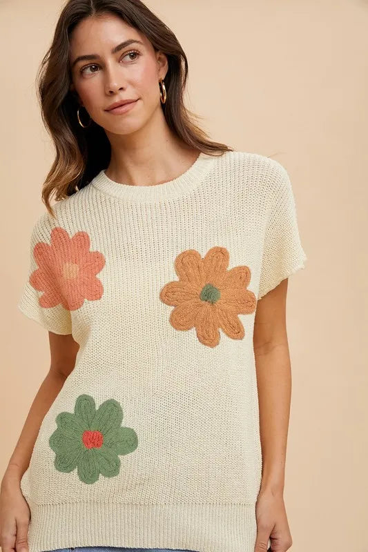 Large Flower Embo Dolman Sleeve Summer Sweater Top