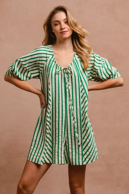 Puffy Sleeves Romper with Back Button Closure