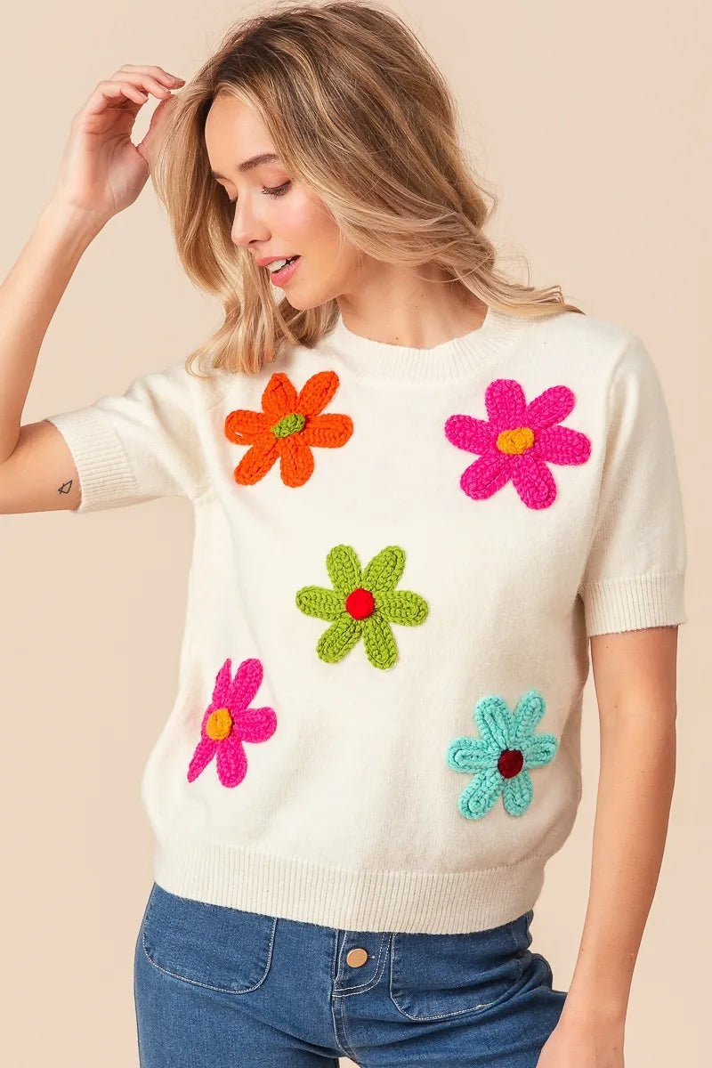 Embroidered Daisy Floral Knit Pullover