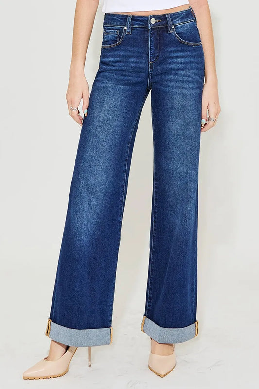 Full Figure High Waist Wide Leg Roll-Up Denim Jeans