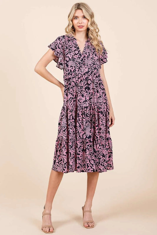 Abstract Print Ruffle Tier Midi Dress