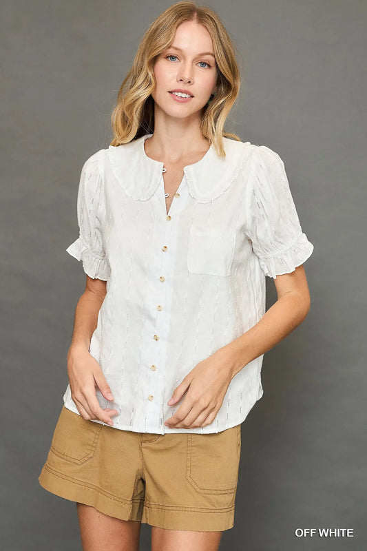 Textured Button-Up Shirt with Ruffled Peter Pan Collar