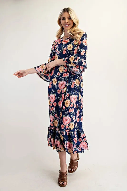 Full Size Soft Floral Ruffle Trim Dress Plus Size
