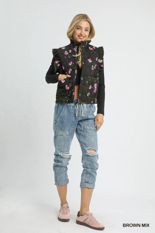 Floral Ruffle Quilted Snap Vest