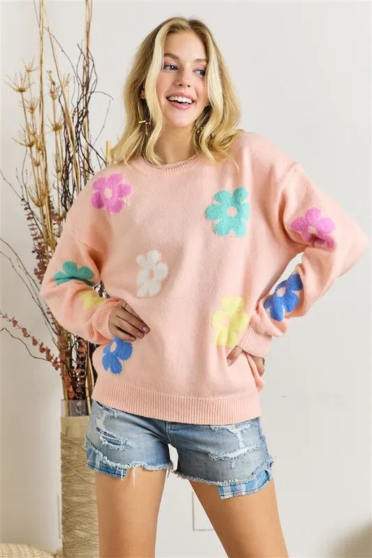 Full Size Flower Popped Sweater