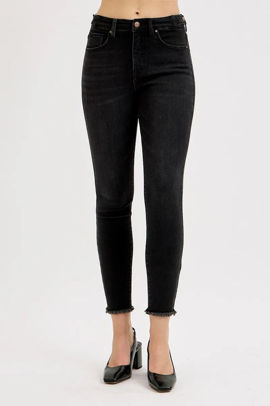 High-Waist Adjustable Fit Raw Hem Skinny Denim Jeans