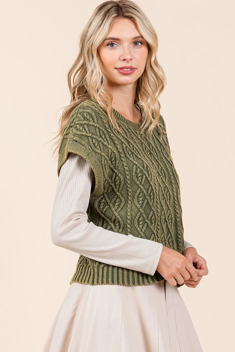 Mineral Wash Cap Sleeve Cable Knit Sweater Top