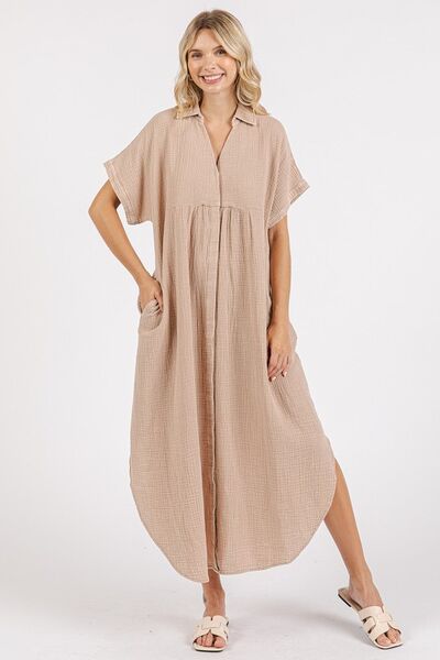 Mineral Wash V Neck Button Up Midi Shirt Dress