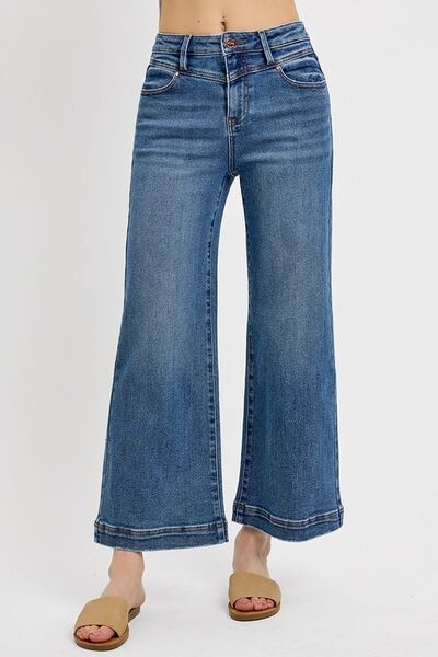 Full Size High Rise Crop Wide Leg Front Yoke Detail Jeans Plus Size