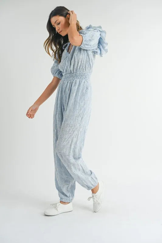 Eyelet Lace Ruffle Shoulder Jumpsuit