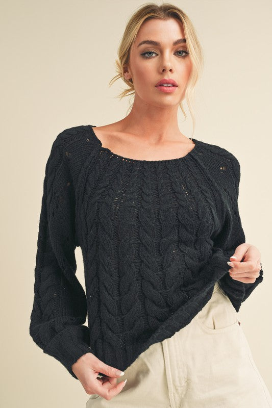Cable-Knit Openwork Round Neck Sweater