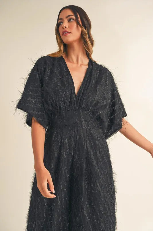 Fluffy Deep V Neck Wide Leg Jumpsuit