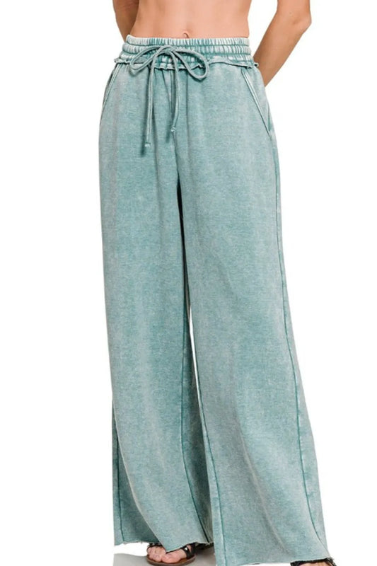 Acid Wash Fleece Palazzo Sweatpants with Pockets