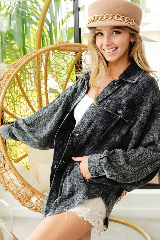 Distressed Denim Shirt Jacket with Raw Hem